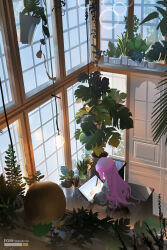 Rule 34 | 1girl, absurdres, creatures (company), drawing tablet, fern, fom (lifotai), from above, game freak, gen 1 pokemon, gen 7 pokemon, hanging plant, highres, indoors, long hair, nintendo, oddish, plant, pokemon, potted plant, purple hair, rowlet, window