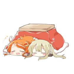 Rule 34 | 2girls, aquila (kancolle), closed eyes, graf zeppelin (kancolle), hair ornament, hairclip, kantai collection, kotatsu, long hair, lowres, multiple girls, open mouth, orange hair, rebecca (keinelove), simple background, sleeping, table, under kotatsu, under table, white background