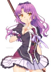 Rule 34 | 1girl, 4rion, absurdres, black ribbon, bow, eiyuu densetsu, finger to mouth, hair bow, hair ribbon, highres, holding, holding scythe, long hair, looking at viewer, miniskirt, puffy short sleeves, puffy sleeves, purple hair, renne (eiyuu densetsu), ribbon, scythe, sen no kiseki, shirt, short sleeves, skirt, smile, solo, white skirt, yellow eyes