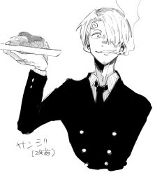Rule 34 | 1boy, arm up, character name, cigarette, collared shirt, commentary request, cropped torso, curly eyebrows, facial hair, food, goatee, greyscale, grin, hair over one eye, holding, holding food, kurozumiyaki, male focus, monochrome, necktie, one piece, sanji (one piece), shirt, short hair, simple background, smile, smoke trail, smoking, solo, striped clothes, striped shirt, translation request, vertical-striped clothes, vertical-striped shirt, white background