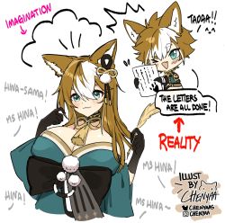 Rule 34 | &gt; o, 1boy, 1girl, animal ears, aqua eyes, armor, black gloves, blush, bow, breasts, brown hair, chenyaas, closed mouth, cropped torso, dog boy, dog ears, dog girl, dual persona, english text, fang, genshin impact, gloves, gorou (genshin impact), hair ornament, highres, hina (genshin impact), holding, holding paper, instagram username, japanese armor, japanese clothes, large breasts, long hair, multicolored hair, one eye closed, paper, paw print, quill, simple background, skin fang, tassel, twitter username, white background, white hair, wide sleeves