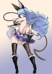 Rule 34 | 1girl, animal ears, ass, backless dress, backless outfit, bare back, black footwear, black gloves, black thighhighs, blue hair, boots, breasts, commentary request, dress, dress tug, erune, ferry (granblue fantasy), flat ass, frown, full body, gloves, granblue fantasy, highres, holding, holding behind back, holding weapon, johan (johan13), knee boots, long hair, looking back, nose, rabbit ears, shiny skin, sideboob, small breasts, solo, thighhighs, thighs, wavy hair, weapon, whip, yellow eyes