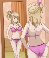 Rule 34 | 1girl, ass, blonde hair, blush, bra, breasts, cleavage, fairy tail, gluteal fold, hair ornament, hand on own hip, large breasts, lucy heartfilia, midriff, mirror, navel, panties, pink bra, pink panties, smile, solo, thigh gap, underwear