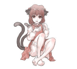 Rule 34 | 1girl, animal ears, barefoot, bloomers, brown eyes, brown hair, cat ears, cat girl, cat tail, chen, earrings, feet, female focus, full body, hat, jewelry, kuro suto sukii, multiple tails, open mouth, sitting, solo, tail, touhou, underwear