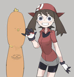 Rule 34 | 1girl, beak, bike shorts, black eyes, black gloves, breasts, brown hair, creatures (company), crossed arms, game freak, gen 3 pokemon, gloves, grey background, grin, highres, holding, holding poke ball, long hair, looking at viewer, may (pokemon), nintendo, poke ball, pokemon, pokemon (creature), pokemon rse, red headwear, red shirt, shirt, simple background, small breasts, smile, tirarizun, torchic
