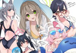 Rule 34 | 5girls, = =, adjusting eyewear, ahoge, akym, animal ear fluff, animal ears, ass, ayane (blue archive), ayane (swimsuit) (blue archive), bare shoulders, bikini, black bikini, black hair, blue archive, blue bikini, blue eyes, blush, bracelet, braid, breasts, brown hair, butt crack, cat ears, cleavage, closed mouth, competition swimsuit, criss-cross halter, crown braid, eyewear on head, fang, glasses, gloves, green eyes, grey hair, groin, halo, halterneck, hand fan, hat, highres, holding, holding fan, holding tongs, hoshino (blue archive), hoshino (swimsuit) (blue archive), inflatable toy, jewelry, large breasts, long hair, multiple girls, multiple views, navel, nonomi (blue archive), nonomi (swimsuit) (blue archive), one-piece swimsuit, open mouth, pink hair, pointy ears, ponytail, red eyes, serika (blue archive), serika (swimsuit) (blue archive), shiroko (blue archive), shiroko (swimsuit) (blue archive), smile, sun hat, sunglasses, swimsuit, tongs, translation request, twintails, twitter username, v, white bikini, white gloves, yellow bikini, yellow eyes