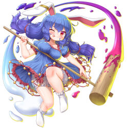 Rule 34 | 1girl, animal ears, arinu, bloomers, blue dress, blue hair, breasts, closed mouth, dress, earclip, full body, kine, large breasts, long hair, mallet, one eye closed, rabbit ears, red eyes, seiran (touhou), short sleeves, simple background, smile, socks, solo, tongue, tongue out, touhou, underwear, white background, white bloomers, white socks