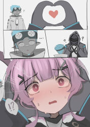 Rule 34 | !?, ..., 1boy, 1girl, 1other, ?, absurdres, aqua hair, arknights, black coat, black gloves, blunt bangs, blush, coat, comic, dark-skinned male, dark skin, doctor (arknights), emphasis lines, ethan (arknights), gloves, goggles, goggles on head, hair ornament, hairclip, hands on another&#039;s cheeks, hands on another&#039;s face, heart, heart hands, highres, hood, hood up, hooded coat, jacket, long hair, looking at viewer, manticore (arknights), mask, open mouth, pointy ears, purple eyes, purple hair, short hair, wawamachi (wawamachis), white eyes, white jacket