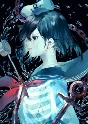 Rule 34 | 1girl, ama asagi, anchor, anchor symbol, black background, black hair, blue eyes, chain, empty eyes, from side, ghost, hat, highres, hishaku, looking to the side, medium hair, murasa minamitsu, peaked cap, rust, sailor hat, see-through, skeleton, solo, touhou, see-through body, water, x-ray