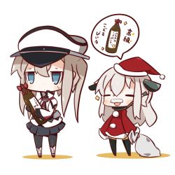 Rule 34 | 10s, 2girls, alternate costume, blonde hair, blue eyes, chibi, commentary request, graf zeppelin (kancolle), hat, highres, kantai collection, long hair, long sleeves, multiple girls, nuu (nu-nyu), open mouth, pantyhose, peaked cap, santa costume, santa hat, sparkle, sweat, twintails, u-511 (kancolle)