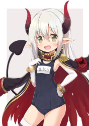 Rule 34 | bad id, bad pixiv id, black coat, bracelet, coat, collar, demon girl, elbow gloves, emma august, epaulettes, fang, gloves, green eyes, hand on own chest, hand on own hip, highres, horns, jacket, jacket on shoulders, jewelry, long hair, nijisanji, open mouth, pointy ears, school swimsuit, silver hair, single thighhigh, siragagaga, smile, striped clothes, striped legwear, striped thighhighs, swimsuit, thighhighs, virtual youtuber, white gloves