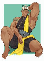 Rule 34 | 1boy, abs, antenna hair, arbbun, armpits, bara, barak (world flipper), bare shoulders, black headband, blonde hair, blush, bulge, commentary request, covered abs, crotch grab, dark-skinned male, dark skin, erection, erection under clothes, headband, highres, large pectorals, looking at viewer, male focus, multicolored hair, muscular, muscular male, nipple slip, nipples, pectorals, grabbing own breast, shirt, short hair, sidepec, sitting, sleeveless, sleeveless shirt, smile, solo, stomach, taut clothes, taut shirt, thick thighs, thighs, two-tone hair, v-shaped eyebrows, world flipper