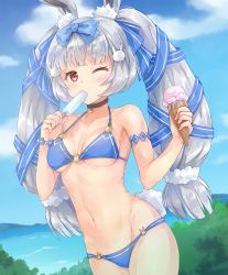 Rule 34 | 1girl, animal ears, arm strap, atla (kyokkou no lemuria), bare shoulders, bikini, black choker, blue bikini, blue bow, blue ribbon, blue sky, blunt bangs, blush, bow, breasts, chaou, choker, cloud, collarbone, commentary request, cowboy shot, day, eating, food, food on face, groin, hair bow, hair ornament, hair ribbon, hair scrunchie, heart, heart choker, highres, holding, holding food, ice cream, ice cream cone, kyokkou no lemuria, long hair, looking at viewer, mountain, navel, o-ring, o-ring bikini, o-ring bottom, o-ring top, ocean, one eye closed, outdoors, popsicle, rabbit ears, rabbit hair ornament, rabbit tail, red eyes, ribbon, scrunchie, shiny skin, sidelocks, silver hair, sky, small breasts, solo, standing, stomach, swimsuit, tail, thick eyebrows, tree, twintails, waffle cone, white scrunchie