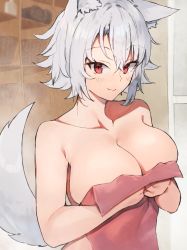 Rule 34 | 1girl, animal ear fluff, animal ears, bad id, bad pixiv id, breasts, collarbone, commentary request, hair between eyes, inubashiri momiji, large breasts, looking at viewer, nude, red eyes, short hair, silver hair, smile, solo, suminagashi, tail, touhou, upper body, wolf ears, wolf tail