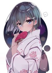 Rule 34 | 10s, 1girl, absurdres, alternate hair length, alternate hairstyle, blue eyes, blush, commentary request, hand fan, floral print, green hair, hair ornament, hairclip, highres, japanese clothes, kantai collection, kimono, looking at viewer, netarou, paper fan, short hair, simple background, solo, suzuya (kancolle), uchiwa, white background