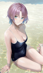 Rule 34 | 1girl, absurdres, ahoge, aqua eyes, asakura toru, bare legs, bare shoulders, barefoot, breasts, cleavage, closed mouth, collarbone, competition school swimsuit, hand on ground, highres, idolmaster, idolmaster shiny colors, kos-owl, looking at viewer, medium breasts, nail polish, ocean, parted bangs, partially submerged, sand, school swimsuit, short hair, sitting, sitting on water, smile, solo, swimsuit, taut clothes, taut swimsuit, thighs, waves, wet, yokozuwari