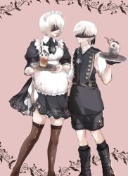 Rule 34 | 1boy, 1girl, apron, black blindfold, black dress, black footwear, black gloves, black shorts, black thighhighs, black vest, blindfold, bob cut, boots, breasts, buttons, cup, dress, drinking straw, feet out of frame, food, gloves, holding, holding plate, ice cream, iced coffee, knee boots, looking at another, maid headdress, medium breasts, necktie, nier (series), nier:automata, pink background, plate, puffy sleeves, shirt, short dress, short hair, shorts, sundae, thigh strap, thighhighs, tomo (552252), vest, waiter, waitress, white apron, white hair, white shirt, 2b (nier:automata), 9s (nier:automata)