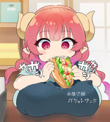 Rule 34 | 1girl, apron, black apron, blue shirt, blurry, blurry background, blush stickers, breast rest, breasts, breasts on table, curled horns, eating, food, gradient hair, holding, holding food, horns, huge breasts, ilulu (maidragon), indoors, kobayashi-san chi no maidragon, long hair, looking at food, low twintails, moudoku (decopon3rd), multicolored hair, pointy ears, red eyes, red hair, sandwich, sharp teeth, shirt, short sleeves, shrimp, slit pupils, solo, teeth, translation request, twintails