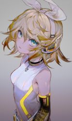 Rule 34 | 1girl, absurdres, arm warmers, bare shoulders, blonde hair, blush, breasts, choker, commentary, green eyes, hair ornament, hairclip, headphones, highres, kagamine rin, kagamine rin (append), looking at viewer, messy hair, nenecrepe, parted lips, shirt, short hair, simple background, sleeveless, sleeveless shirt, small breasts, solo, sweat, vocaloid, vocaloid append, white shirt
