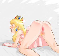 Rule 34 | 1boy, 1girl, all fours, anus, ass, blonde hair, blush, bottomless, breasts, clothes lift, crown, doggystyle, dress, dress lift, earrings, game, gloves, hat, hetero, invisible penis, jewelry, long hair, mario (series), nintendo, nipples, no panties, open mouth, presenting, princess, princess peach, pubic hair, pussy, sex, sex from behind, solo focus, super mario bros. 1, third-party edit, uncensored, vaginal