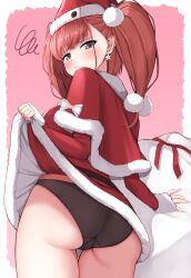Rule 34 | 1girl, absurdres, annoyed, atlanta (kancolle), black panties, blush, christmas, clothes lift, dress, earrings, from behind, grey eyes, hat, highres, jewelry, kantai collection, panties, red dress, red hair, sack, santa costume, santa hat, skirt, skirt lift, solo, tiemu (man190), twintails, underwear