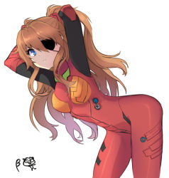Rule 34 | 10s, 1girl, armpits, arms behind head, arms up, bent over, blue eyes, bodysuit, breasts, briska, brown hair, closed mouth, evangelion: 3.0 you can (not) redo, expressionless, eyepatch, from side, frown, hair between eyes, hair ornament, headgear, legs apart, long hair, looking at viewer, medium breasts, neon genesis evangelion, pilot suit, plugsuit, rebuild of evangelion, sidelocks, signature, simple background, solo, souryuu asuka langley, tape, turtleneck, two side up, very long hair, white background