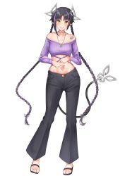 Rule 34 | 1girl, absurdres, alternate costume, alternate hairstyle, black footwear, black hair, black pants, blush, braid, breasts, butterfly hair ornament, commentary request, constricted pupils, crop top, demon girl, demon horns, demon tail, earrings, full body, grin, hair ornament, highres, horns, jewelry, kojo anna, long hair, long sleeves, looking at viewer, medium bangs, medium breasts, midriff, multicolored hair, multiple earrings, nanashi inc., navel, navel piercing, necklace, off-shoulder shirt, off shoulder, pants, piercing, pointy ears, purple hair, purple shirt, robou no stone, sandals, shirt, shoulder tattoo, simple background, smile, solo, spread navel, standing, tail, tattoo, toes, transparent background, twin braids, twintails, two-tone hair, very long hair, virtual youtuber, yellow eyes