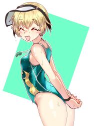 Rule 34 | 1girl, :d, absurdres, alternate costume, arms behind back, ass, blonde hair, blush stickers, breasts, closed eyes, ebora, facing to the side, fate/grand order, fate (series), from side, gareth (fate), gareth (swimsuit saber) (fate), green background, happy, hat, highres, open mouth, short hair, small breasts, smile, solo, two-tone background, visor cap, wet, whistle, whistle around neck, white background, white hat