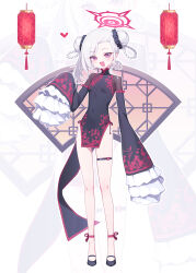 Rule 34 | 1girl, black dress, black footwear, blue archive, breasts, china dress, chinese clothes, covered navel, deadnooodles, double bun, dress, full body, grey hair, hair bun, hair rings, halo, heart, highres, long hair, looking at viewer, mutsuki (blue archive), open mouth, pink eyes, pink halo, pointy ears, shoes, sleeves past fingers, sleeves past wrists, small breasts, smile, solo, wide sleeves, zoom layer