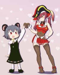 Rule 34 | 2girls, animal ears, breasts, commentary request, cookie, cookie (touhou), dress, food, gloves, grey hair, happy, hat, highres, hololive, houshou marine, iiyo koiyo ikuiku yajuu bucchippa senpai, mouse ears, mouse girl, mouse tail, multiple girls, nazrin, nyon (cookie), open mouth, pirate, pirate hat, red hair, short hair, skirt, smile, tail, touhou, virtual youtuber, white gloves