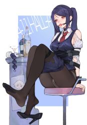 Rule 34 | 1girl, absurdres, anal beads, ball gag, bartender, black hair, bottle, clothes pull, cocktail glass, collared shirt, cup, drinking glass, feet, full body, gag, gagged, high heels, highres, hitachi magic wand, iuui, jill stingray, legs, necktie, no shoes, panties, panties under pantyhose, pantyhose, pencil skirt, restrained, sex toy, shirt, shoe dangle, sitting, skirt, skirt pull, soles, toes, torn clothes, twintails, underwear, va-11 hall-a, vest, vibrator, white shirt, wrist cuffs