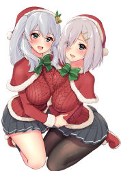 Rule 34 | 2girls, :d, absurdres, black legwear, blue eyes, blush, breast press, breasts, capelet, commentary request, eyes visible through hair, full body, fur trim, gloves, hair between eyes, hair ornament, hair over one eye, hairclip, hamakaze (kancolle), hat, highres, impossible clothes, kantai collection, kashima (kancolle), large breasts, long hair, long sleeves, looking at viewer, miniskirt, multiple girls, open mouth, pantyhose, pink lips, pleated skirt, pom pom (clothes), red capelet, red hat, red sweater, santa hat, sarfata, short hair, sidelocks, silver hair, skirt, smile, sweater, symmetrical docking, tsurime, twintails, wavy hair, white background, white gloves
