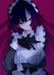 1girl arm_under_breasts black_gloves black_hair breasts collared_shirt eyebrows_hidden_by_hair gloves goma_irasuto gradient_hair grey_eyes highres long_hair maid maid_headdress medium_breasts mole mole_under_eye multicolored_hair original parted_lips purple_hair shirt signature solo tsurime white_background