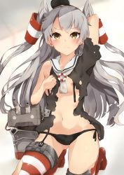 Rule 34 | 1girl, amatsukaze (kancolle), arm up, black panties, blush, breasts, closed mouth, commentary request, eyelashes, grey hair, hair ornament, hand up, kantai collection, kurasumeito (sushiotaku0705), long hair, looking at viewer, navel, nipples, panties, sailor collar, solo, striped clothes, striped thighhighs, sweat, thighhighs, torn clothes, underwear, yellow eyes
