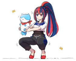 Rule 34 | 1girl, alear (female) (fire emblem), alear (fire emblem), black undershirt, blue eyes, blue hair, closed mouth, crop top, crop top overhang, exercising, fire emblem, fire emblem engage, full body, heterochromia, holding, kutabireta neko, multicolored hair, nintendo, official alternate costume, official alternate hairstyle, pants, ponytail, red eyes, red hair, shoes, solo, sommie (fire emblem), split-color hair, squatting, sweatpants, training outfit (fire emblem engage), two-tone hair, undershirt, white background, workout clothes