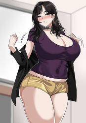 Rule 34 | 1girl, black hair, blush, breasts, cleavage, collar, hella p, highres, huge breasts, jacket, large breasts, long hair, looking at viewer, mole, mole under eye, original, parted lips, short shorts, shorts, solo, standing, thick thighs, thighs