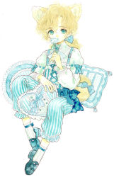 Rule 34 | 1boy, animal ears, blonde hair, blue bow, blue footwear, blue pants, bow, dog boy, dog ears, dog tail, flower, green eyes, holding, holding flower, looking at viewer, low ponytail, male focus, original, pants, pillow, puffy sleeves, ribbon, shirt, simple background, solo, tail, tail ornament, tail ribbon, takanashi tsubasa, wavy hair, white legwear
