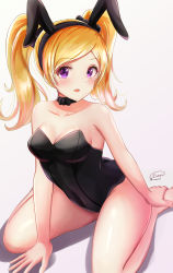 Rule 34 | :d, alternate hair length, alternate hairstyle, animal ears, arm support, bare legs, black bow, black bowtie, black leotard, blonde hair, blush, bow, bowtie, breasts, cleavage, collarbone, emily stewart, fake animal ears, hairband, highres, idolmaster, idolmaster million live!, idolmaster million live! theater days, leotard, looking at viewer, open mouth, playboy bunny, purple eyes, rabbit ears, runmo77, seiza, signature, sitting, sleeveless, small breasts, smile, solo, twintails
