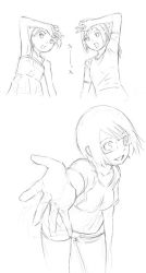 Rule 34 | 3girls, foreshortening, glasses, greyscale, monochrome, multiple girls, original, outstretched arm, sketch, traditional media, yoshitomi akihito