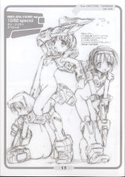 Rule 34 | 3girls, armor, armpits, back, bottomless, character name, copyright name, finger on trigger, from side, full body, greyscale, komatsu eiji, mecha musume, monochrome, multiple girls, pauldrons, scan, shoulder armor, simple background, sitting, standing, standing on one leg, virtual on