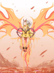 Rule 34 | 1girl, absurdres, bare shoulders, blonde hair, claws, fate/grand order, fate (series), female focus, fire, floral print, highres, horns, ibaraki douji (fate), japanese clothes, kimono, long hair, off shoulder, oni, oni horns, short kimono, solo, wide sleeves, wings, yellow eyes, yellow kimono, yzj21333