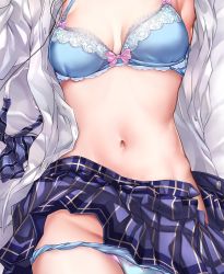 Rule 34 | 1girl, absurdres, blue bow, blue bra, blue skirt, bow, bowtie, unworn bowtie, bra, breasts, cable, commentary request, head out of frame, highres, navel, open clothes, open shirt, original, otomore (shashaki), panties, panty pull, school uniform, shashaki, shirt, skirt, solo, stomach, stomach day, underwear, white shirt