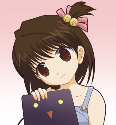 Rule 34 | 00s, 1boy, :&gt;, bell, brown eyes, brown hair, gradient background, mahoraba, male focus, shiratori ryushi, solo, trap