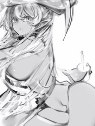 Rule 34 | 1girl, 1other, absurdres, breasts, candle, dark-skinned female, dark elf, dark skin, elf, elfriend (shiranui flare), greyscale, highres, hololive, large breasts, long hair, looking at viewer, monochrome, multicolored hair, nanashi (nlo), nipples, pointy ears, see-through, shiranui flare, sideboob, simple background, single thighhigh, streaked hair, thighhighs, virtual youtuber, white background