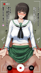 Rule 34 | 1boy, 1girl, black hair, blush, breasts, brown eyes, cheating (relationship), clothed female nude male, covered erect nipples, cross, girl on top, girls und panzer, green skirt, hetero, highres, large breasts, long hair, looking at viewer, mature female, metal man10, netorare, nishizumi shiho, no panties, nude, ooarai school uniform, reverse cowgirl position, school uniform, sex, sex from behind, skirt, straddling, torso grab, translated, vaginal