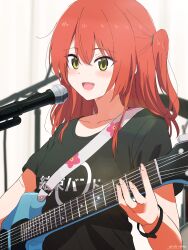 Rule 34 | 1girl, absurdres, artist name, black shirt, blush, bocchi the rock!, clothes writing, collarbone, electric guitar, green eyes, guitar, hair between eyes, highres, holding, holding instrument, instrument, kita ikuyo, long hair, microphone, microphone stand, misaki nonaka, music, one side up, open mouth, playing instrument, red hair, shirt, short sleeves, signature, smile, solo, upper body