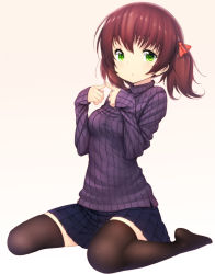 Rule 34 | 1girl, black thighhighs, brown hair, fingers together, green eyes, hair ribbon, index fingers together, kneeling, original, ribbed sweater, ribbon, skirt, solo, sweater, thighhighs, turtleneck, zettai ryouiki, zizi (zz22)
