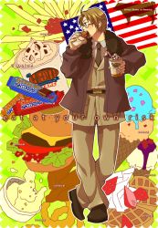 Rule 34 | 1boy, ahoge, america (hetalia), american flag, axis powers hetalia, bad id, bad pixiv id, blonde hair, bomber jacket, burger, candy, chocolate, chocolate bar, commentary request, cow, eating, flag, food, french fries, fruit, glasses, ice cream, jacket, male focus, mashed potatoes, military, military uniform, onion rings, revision, serico (salyut), solo, strawberry, uniform, united states, waffle