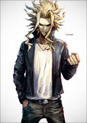 Rule 34 | 1boy, all might, belt, black belt, black jacket, black pants, blonde hair, boku no hero academia, clenched hand, commentary request, jacket, k-suwabe, long hair, pants, raised fist, serious, shaded face, shirt, simple background, white background, white shirt, yagi toshinori