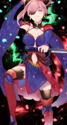 Rule 34 | 1girl, black thighhighs, blue eyes, breasts, dual wielding, earrings, eyebrows hidden by hair, eyepatch, fate/grand order, fate (series), hair ornament, hair over one eye, highres, holding, holding sword, holding weapon, japanese clothes, jewelry, katana, kimono, looking at viewer, looking down, miyamoto musashi (fate), miyamoto musashi (third ascension) (fate), necktie, petals, pink hair, ponytail, short hair, smile, solo, stomach, sword, thighhighs, tuze111, weapon